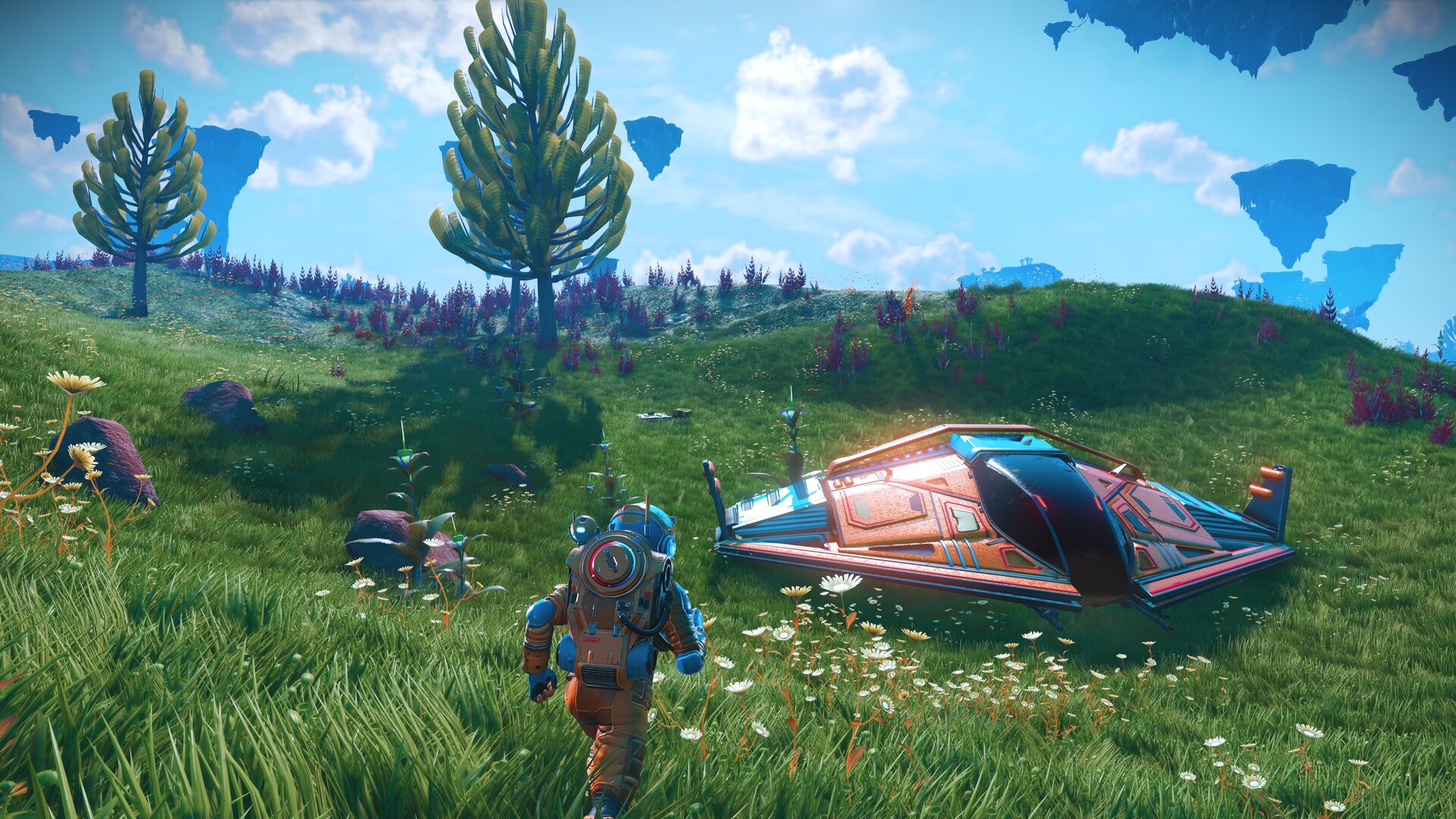 Un explorador camina hacia su nave sobre un planeta verde